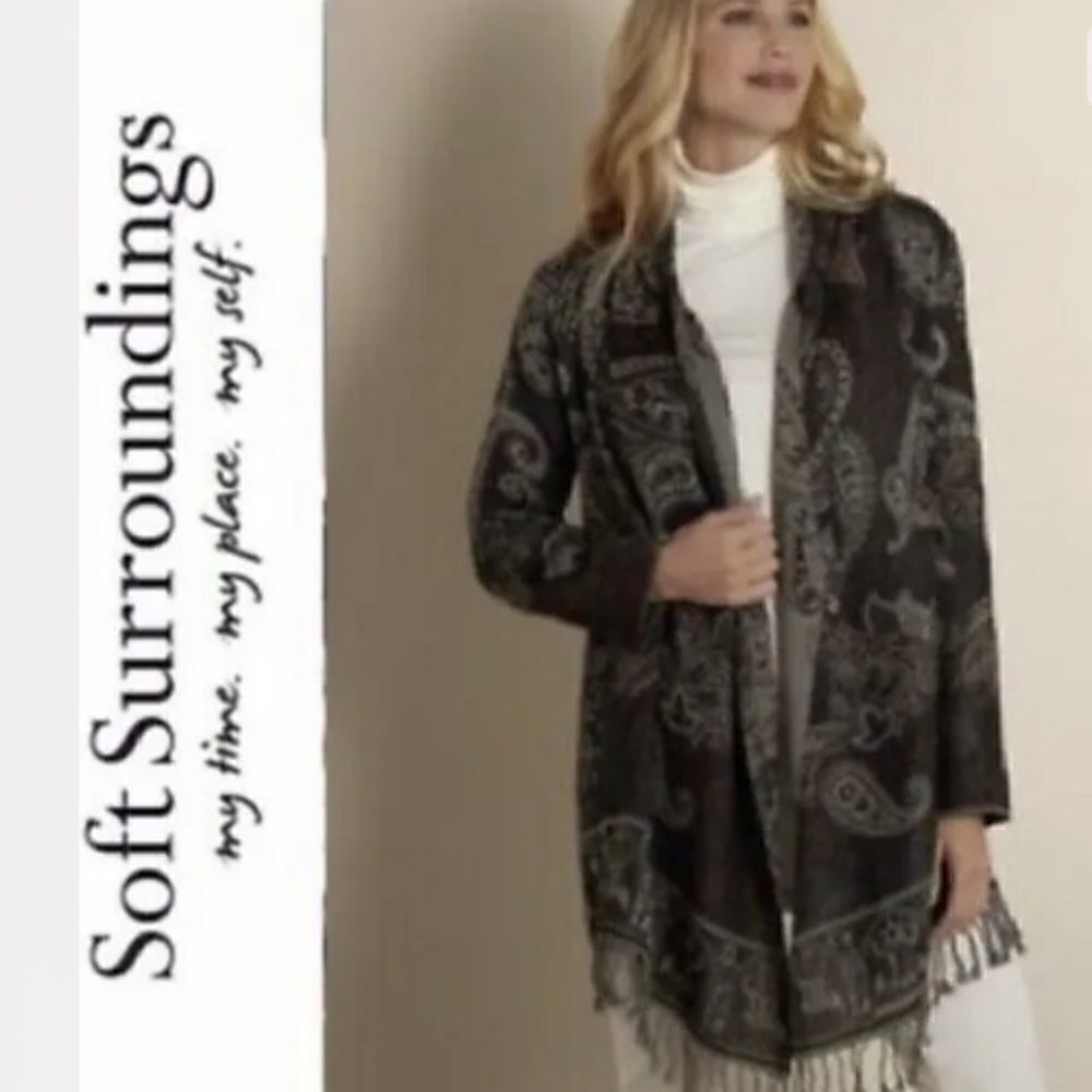 Soft Surroundings S 100% Wool Paisley Kimono Cardigan Art To Wear Fringe